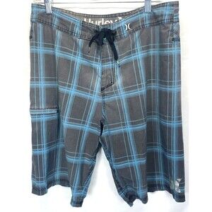 Hurley Men's Size 32, Swimwear Trunks Blue/Gray Striped/Plaid 21" Board Shorts